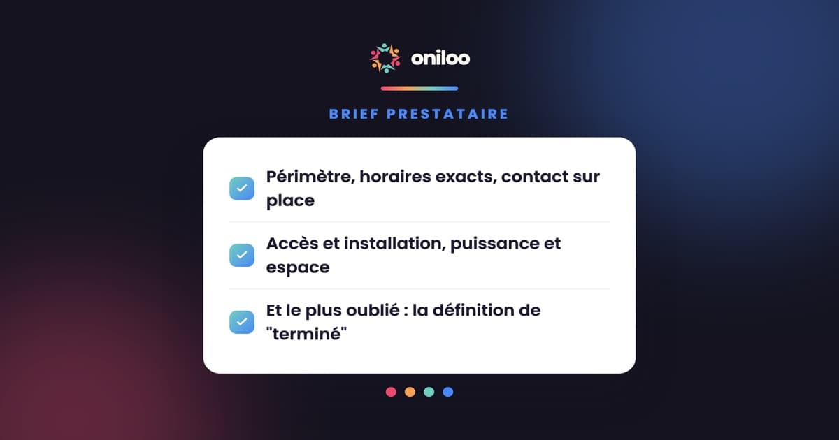 Une carte listant les six champs du brief prestataire : périmètre, horaires, contact sur place, accès et installation, puissance et espace, définition de terminé